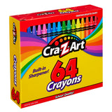A 64 ct. Crayons, peggable box with a built-in sharpener, featuring a vibrant design with assorted crayon colors on the packaging.