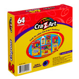 A box of 64 ct. Crayons, peggable box with 64 colors, featuring built-in sharpener and highlighting other Cra-Z-Art products.