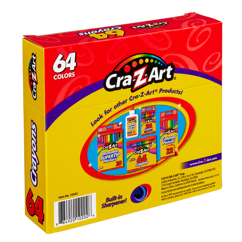 A box of 64 ct. Crayons, peggable box with 64 colors, featuring built-in sharpener and highlighting other Cra-Z-Art products.