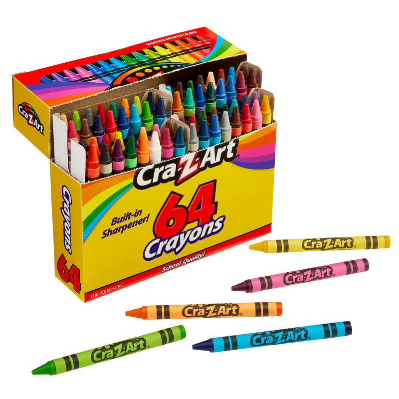 A box of 64 ct. Crayons, peggable box labeled "64 Crayons" with individual crayons scattered in front.