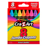 A box of Cra-Z-Art Jumbo Crayons 8 Count containing eight colors: green, blue, yellow, orange, red, purple, brown, and pink. The packaging highlights "Smoother Brighter Colors" and "Certified Non-Toxic".