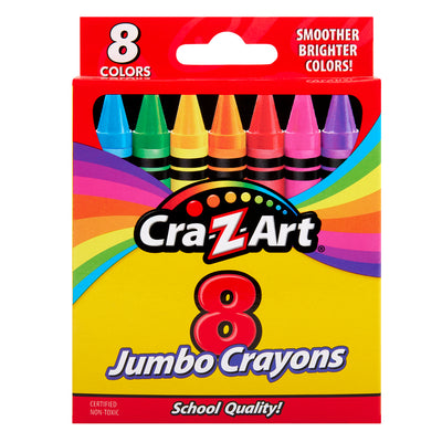 A box of Cra-Z-Art Jumbo Crayons 8 Count containing eight colors: green, blue, yellow, orange, red, purple, brown, and pink. The packaging highlights "Smoother Brighter Colors" and "Certified Non-Toxic".