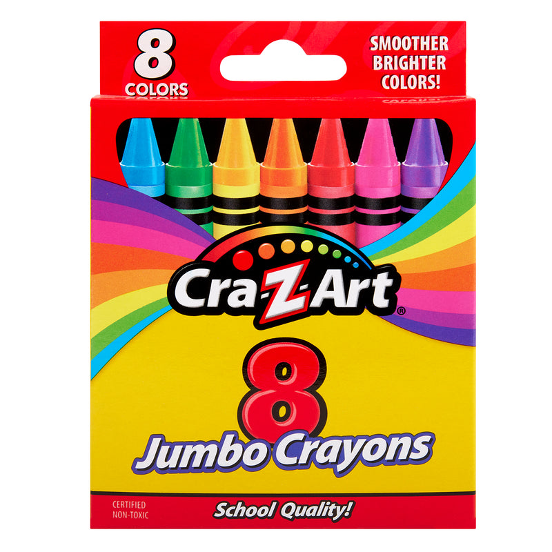 A box of Cra-Z-Art Jumbo Crayons 8 Count containing eight colors: green, blue, yellow, orange, red, purple, brown, and pink. The packaging highlights "Smoother Brighter Colors" and "Certified Non-Toxic".