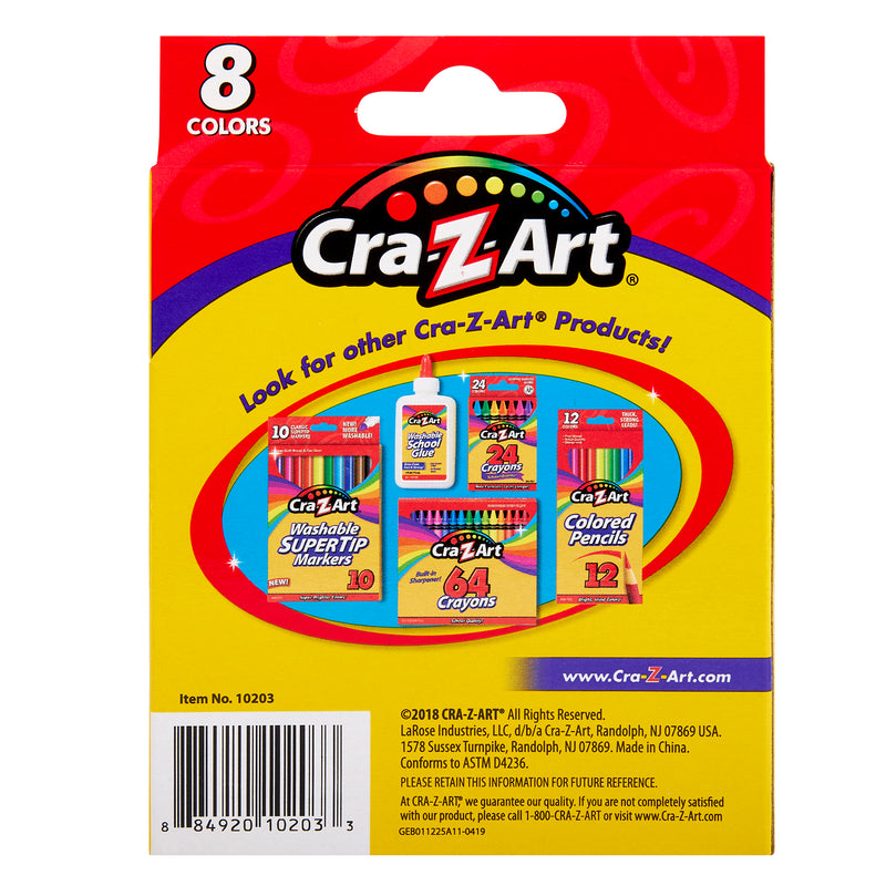 Back of a Cra-Z-Art Jumbo Crayons 8 Count product packaging featuring an 8-color set. The package displays images of other Cra-Z-Art products including washable markers, colored pencils, crayons, and paints.