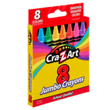 A box of Cra-Z-Art Jumbo Crayons 8 Count in assorted colors, labeled with "Smoother Brighter Colors!" and "School Quality!" on the front.