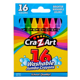 Box of Cra-Z-Art Jumbo Crayons 16 Count Washable showing various colors on the front, highlighted as certified non-toxic and school quality.