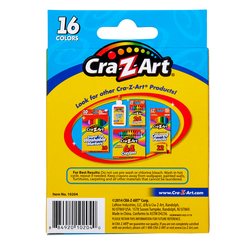Back packaging of Cra-Z-Art Jumbo Crayons 16 Count Washable showing images of other product offerings including washable markers, colored pencils, and jumbo crayons, with usage instructions and contact information.