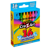 A box of Cra-Z-Art Jumbo Crayons 16 Count Washable in assorted colors. The packaging is blue with a rainbow design and states "Brighter washable colors!" and "School quality!".