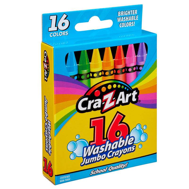 A box of Cra-Z-Art Jumbo Crayons 16 Count Washable in assorted colors. The packaging is blue with a rainbow design and states "Brighter washable colors!" and "School quality!".