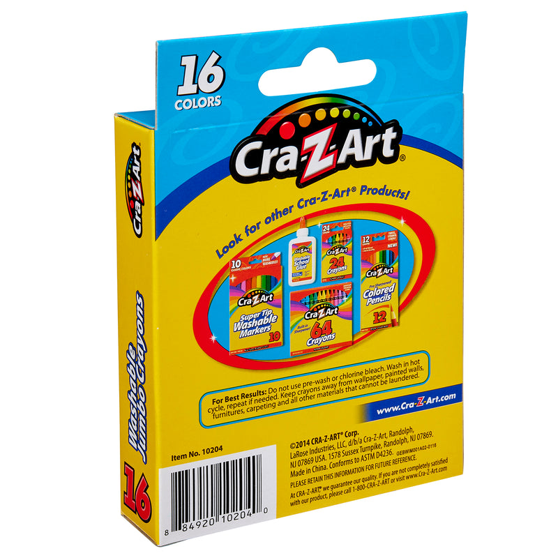 Back packaging of Cra-Z-Art Jumbo Crayons 16 Count Washable, showing various other Cra-Z-Art products and product details in multi-colored text on a yellow background.
