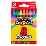 A box of 8 ct. Crayons with eight colors. The packaging is red and yellow, featuring the text "Cra-Z-Art 8 Crayons" and highlights like "Smoother Brighter Colors" and "Certified Non-Toxic.