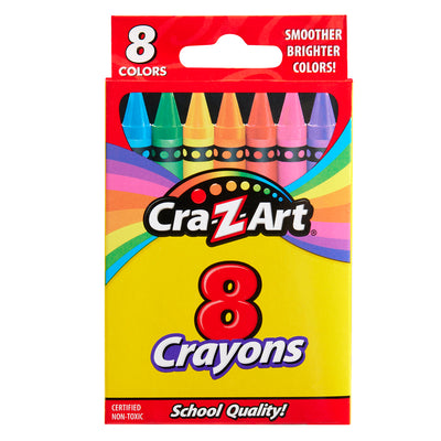 A box of 8 ct. Crayons with eight colors. The packaging is red and yellow, featuring the text "Cra-Z-Art 8 Crayons" and highlights like "Smoother Brighter Colors" and "Certified Non-Toxic.