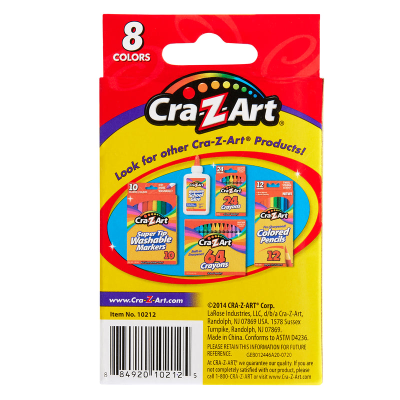 A red Cra-Z-Art package displaying eight 8 ct. Crayons. The back highlights other Cra-Z-Art products, including markers, colored pencils, and pencils. The package also features product information and a barcode.