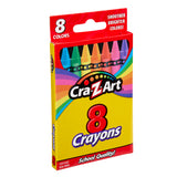A box of 8 ct. Crayons containing 8 different colors, with the text "Smoother Brighter Colors!" and "School Quality!" displayed on the packaging.