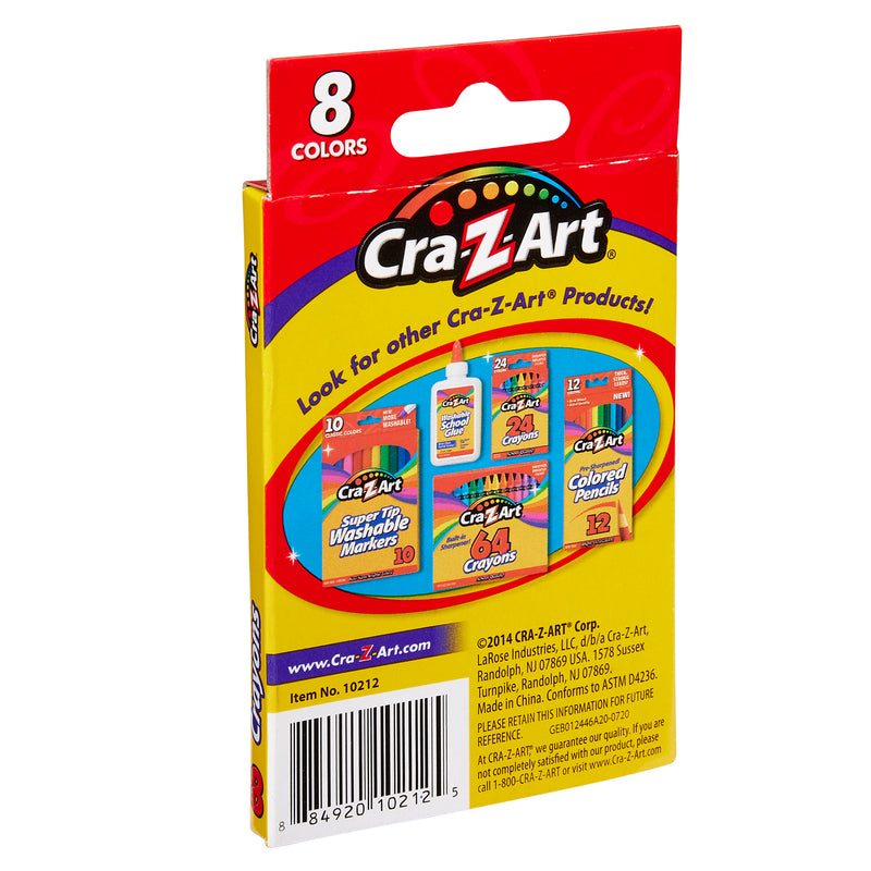 A box of 8 ct. Crayons with eight colors. The box is red with yellow and black accents, showing images of other Cra-Z-Art products on the back. The item number is 12012.