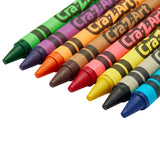 A close-up of eight colorful 8 ct. Crayons arranged diagonally. The colors include green, purple, orange, red, brown, pink, yellow, and blue.