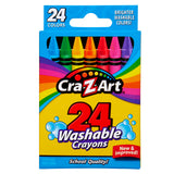 A box of 24 ct. Washable Crayons with a colorful rainbow design on the packaging. The text highlights "Brighter Washable Colors" and "School Quality".