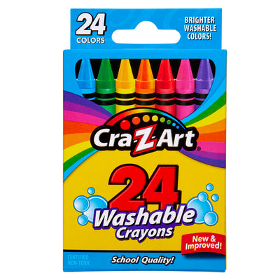A box of 24 ct. Washable Crayons with a colorful rainbow design on the packaging. The text highlights "Brighter Washable Colors" and "School Quality".