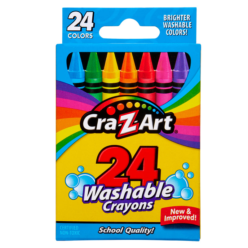 A box of 24 ct. Washable Crayons with a colorful rainbow design on the packaging. The text highlights "Brighter Washable Colors" and "School Quality".