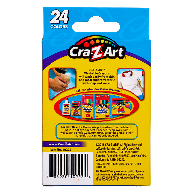 Back of a 24 ct. Washable Crayons box showing 24 colors, usage instructions, and various other Cra-Z-Art products. Contains product and company information, beneficial instructions, and legal details.