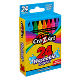 A box of 24 ct. Washable Crayons with a colorful design on the front. The box features the text "New & Improved" and promotes brighter, washable colors.