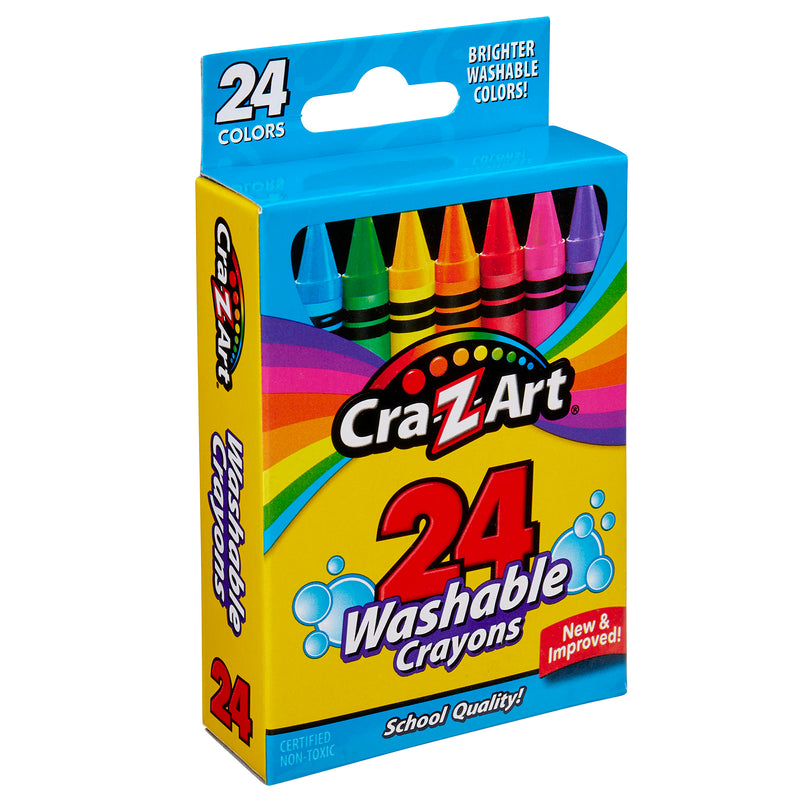 A box of 24 ct. Washable Crayons with a colorful design on the front. The box features the text "New & Improved" and promotes brighter, washable colors.