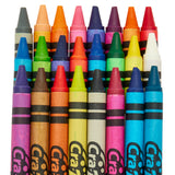 A set of 24 ct. Washable Crayons arranged in three rows. Each crayon has a paper sleeve with stripes and partially visible brand name. Colors range from different shades of blue, green, yellow, red, and more.