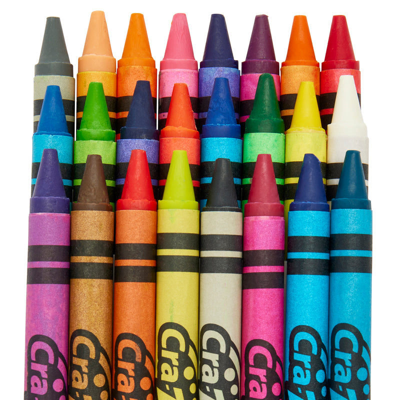 A set of 24 ct. Washable Crayons arranged in three rows. Each crayon has a paper sleeve with stripes and partially visible brand name. Colors range from different shades of blue, green, yellow, red, and more.