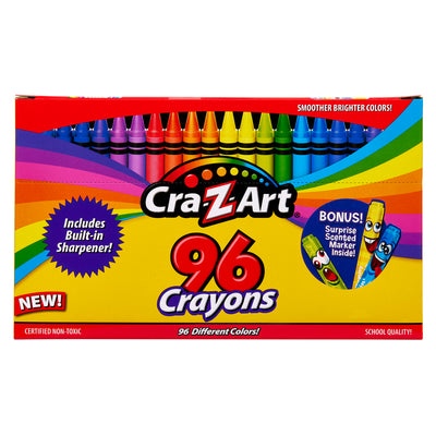 Cra-Z-Art School Quality Crayons - 96 Count with a built-in sharpener, featuring a rainbow-colored design and a bonus scented marker. The box highlights "smoother brighter colors" and is certified non-toxic.