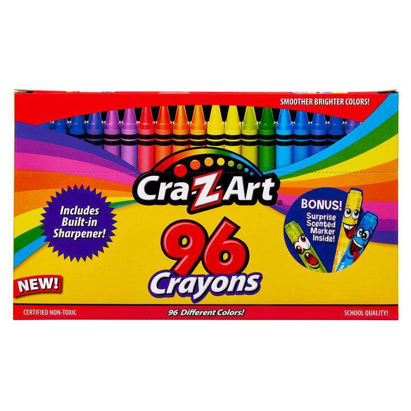Cra-Z-Art School Quality Crayons - 96 Count with a built-in sharpener, featuring a rainbow-colored design and a bonus scented marker. The box highlights "smoother brighter colors" and is certified non-toxic.