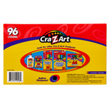 A box of Cra-Z-Art School Quality Crayons - 96 Count featuring 96 colors. The back of the box displays other Cra-Z-Art products including glue, colored pencils, washable markers, and Crayons. Built-in sharpener included.