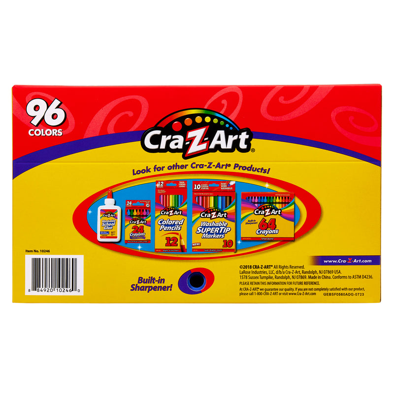 A box of Cra-Z-Art School Quality Crayons - 96 Count featuring 96 colors. The back of the box displays other Cra-Z-Art products including glue, colored pencils, washable markers, and Crayons. Built-in sharpener included.