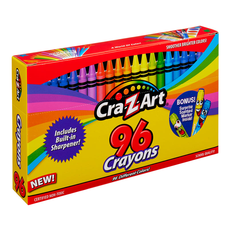 Colorful packaging of a Cra-Z-Art School Quality Crayons - 96 Count set, featuring various crayon colors, a built-in sharpener, and a bonus surprise scented marker. The box highlights "smoother brighter colors".