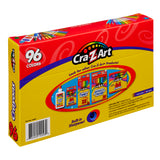 A yellow box of Cra-Z-Art School Quality Crayons - 96 Count, featuring 96 colors with a built-in sharpener. The box displays various Cra-Z-Art products and a barcode on its side.