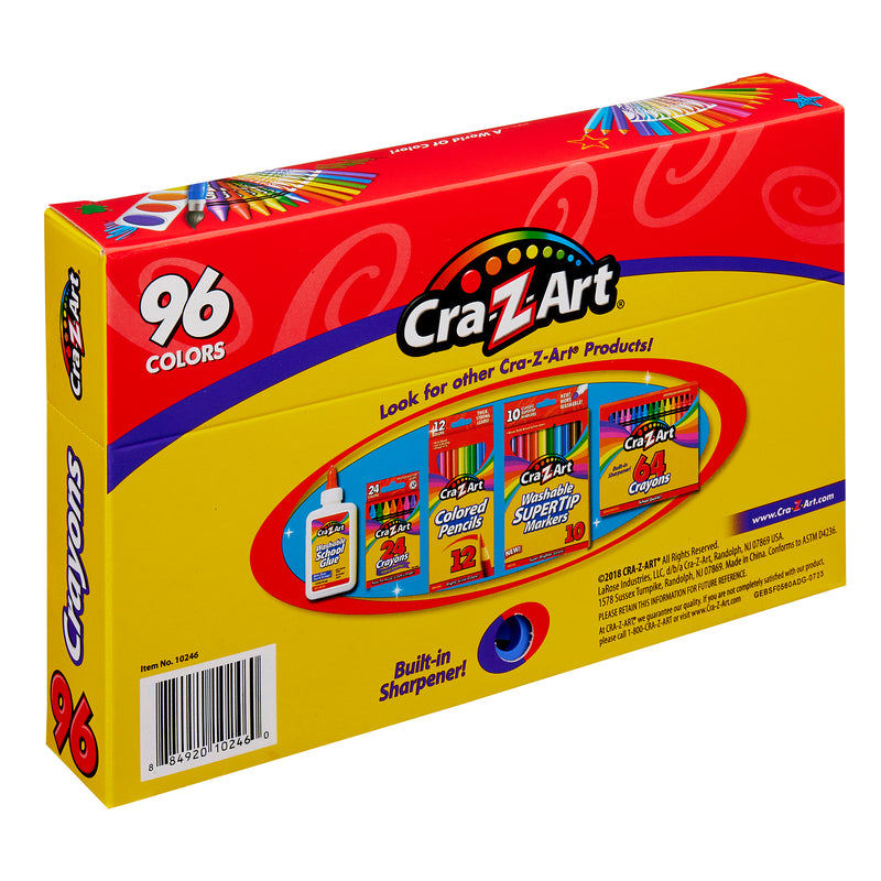 A yellow box of Cra-Z-Art School Quality Crayons - 96 Count, featuring 96 colors with a built-in sharpener. The box displays various Cra-Z-Art products and a barcode on its side.