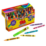 A box of Cra-Z-Art School Quality Crayons - 96 Count with a built-in sharpener, with several crayons and an apple-scented crayon scattered outside the box.