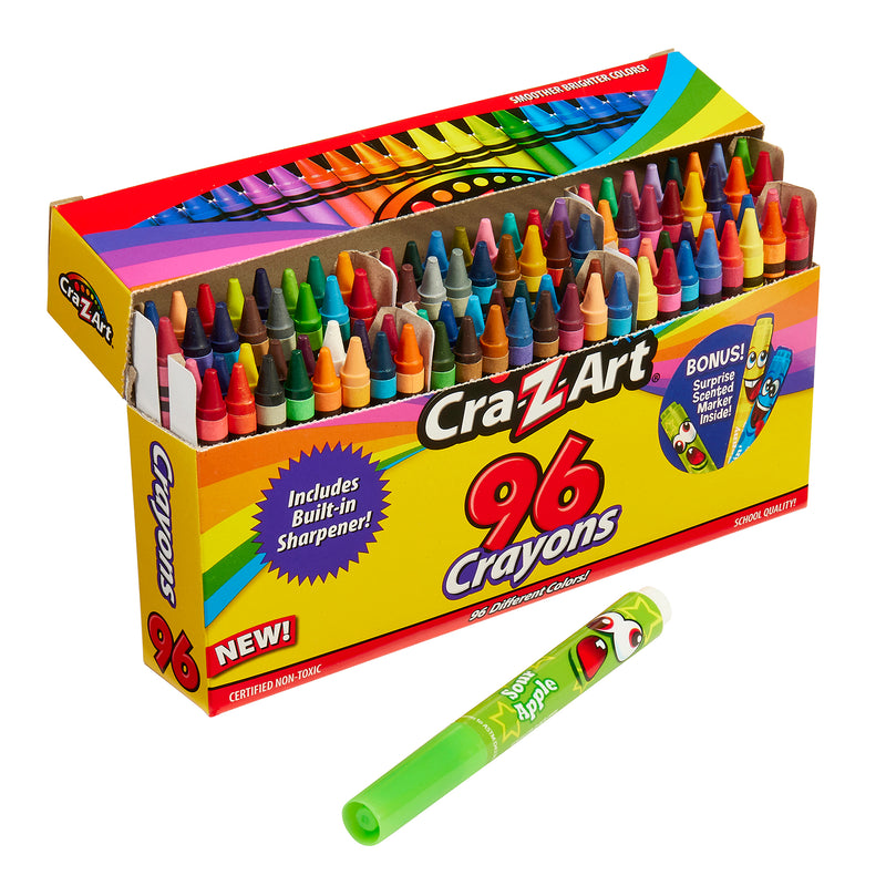 A box of Cra-Z-Art School Quality Crayons - 96 Count with built-in sharpener, featuring a range of colors, and a bonus scented apple marker placed in front.
