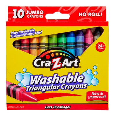 A box of 10 ct. Triangular Crayons, containing 10 jumbo crayons for ages 24+ months. The box is red and yellow, and the crayons are visible through a clear window.