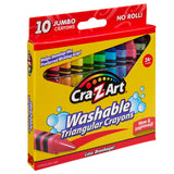 A box of 10 ct. Triangular Crayons, containing 10 jumbo crayons. The box highlights benefits such as "No Roll," "New & Improved," and suitability for children 24 months and older.