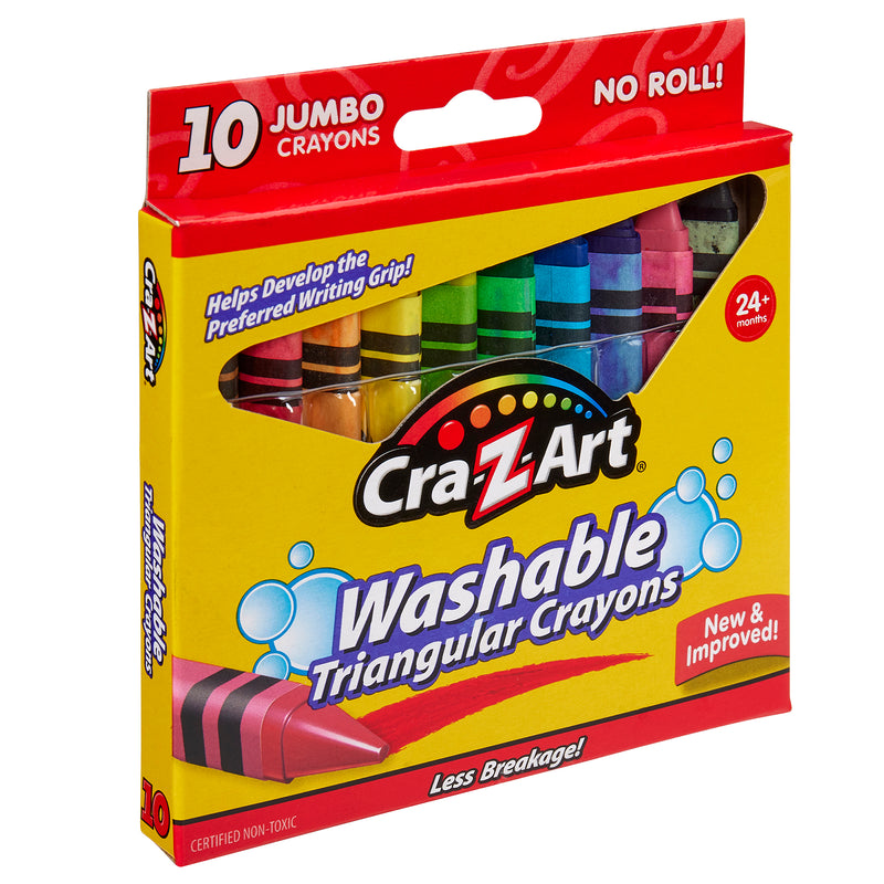 A box of 10 ct. Triangular Crayons, containing 10 jumbo crayons. The box highlights benefits such as "No Roll," "New & Improved," and suitability for children 24 months and older.