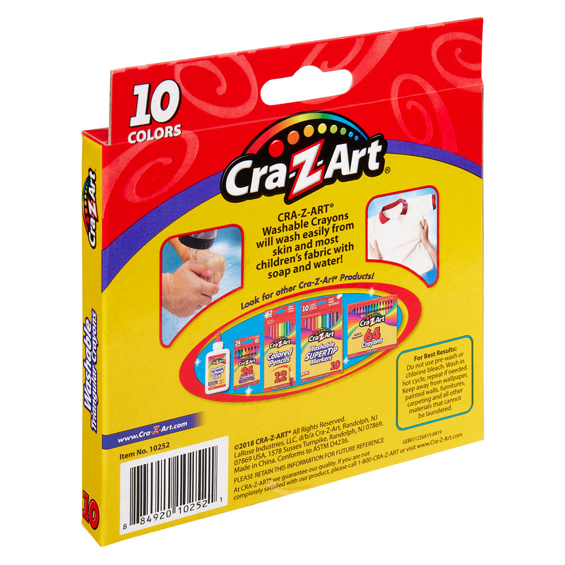 Red 10 ct. Triangular Crayons box, showing back side with product description, usage instructions, and images of other Cra-Z-Art products. Box contains 10 colors.