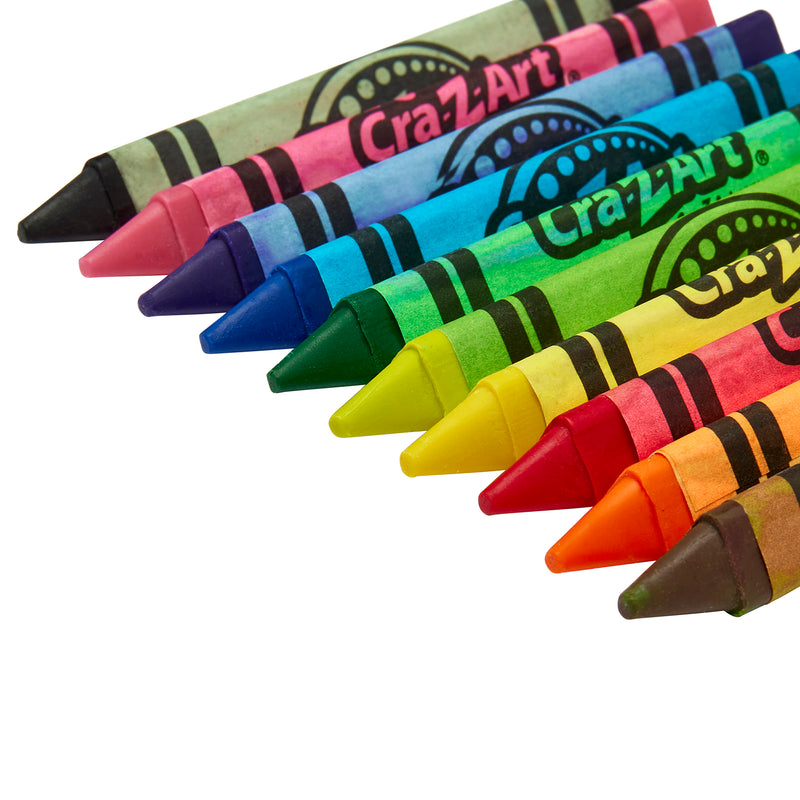 A row of 10 ct. Triangular Crayons in various colors are neatly arranged diagonally against a white background.