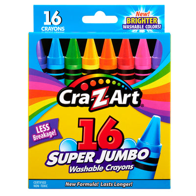 A box of Cra-Z-Art Washable Crayons Super Jumbo 16 Count. The packaging boasts brighter colors, less breakage, and a new formula that lasts longer.