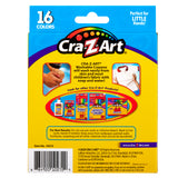 Back of a Cra-Z-Art Washable Crayons Super Jumbo 16 Count box, detailing the product's features, including 16 colors and easy washing instructions. It shows additional product images and safety information.