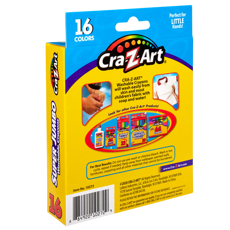 Back of a Cra-Z-Art Washable Crayons Super Jumbo 16 Count box, showing product info, usage instructions, and additional product images.