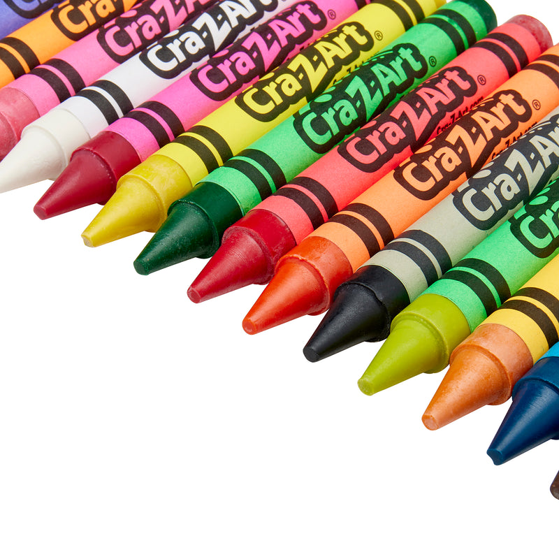 A row of colorful Cra-Z-Art Washable Crayons Super Jumbo 16 Count arranged diagonally, including colors like black, red, green, blue, yellow, orange, white, brown, and pink.