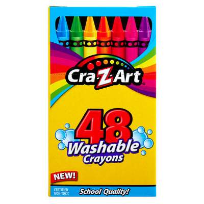 A box of Cra-Z-Art Washable Crayons 48 Count with a yellow background, showing the crayons at the top. The text "Certified non-toxic" and "School Quality!" is visible.
