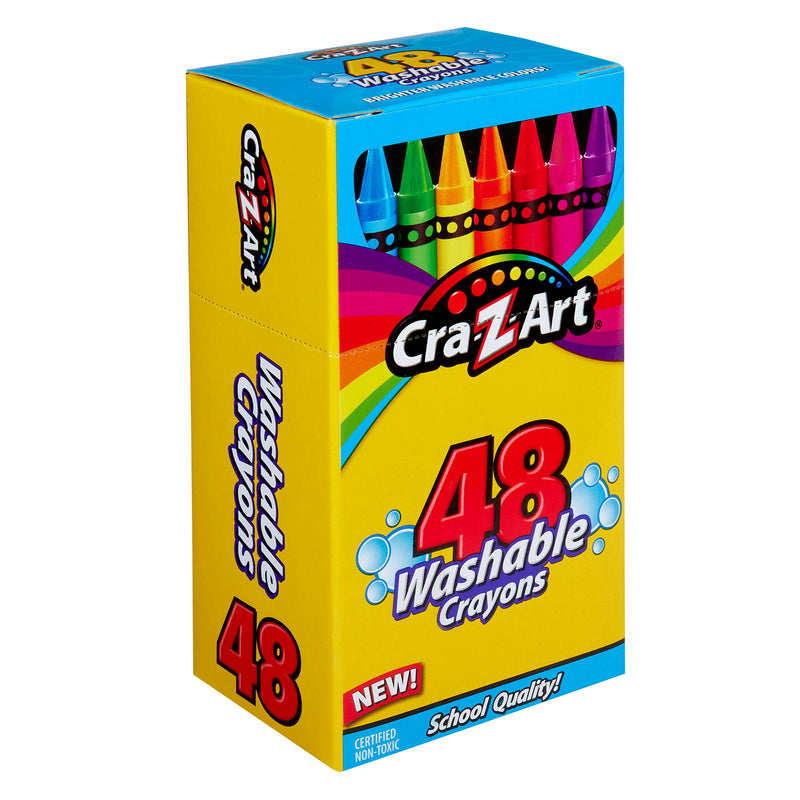 A box of Cra-Z-Art Washable Crayons 48 Count. The packaging is yellow with a mix of blue, red, and green accents, and displays the text "School Quality!" at the bottom.