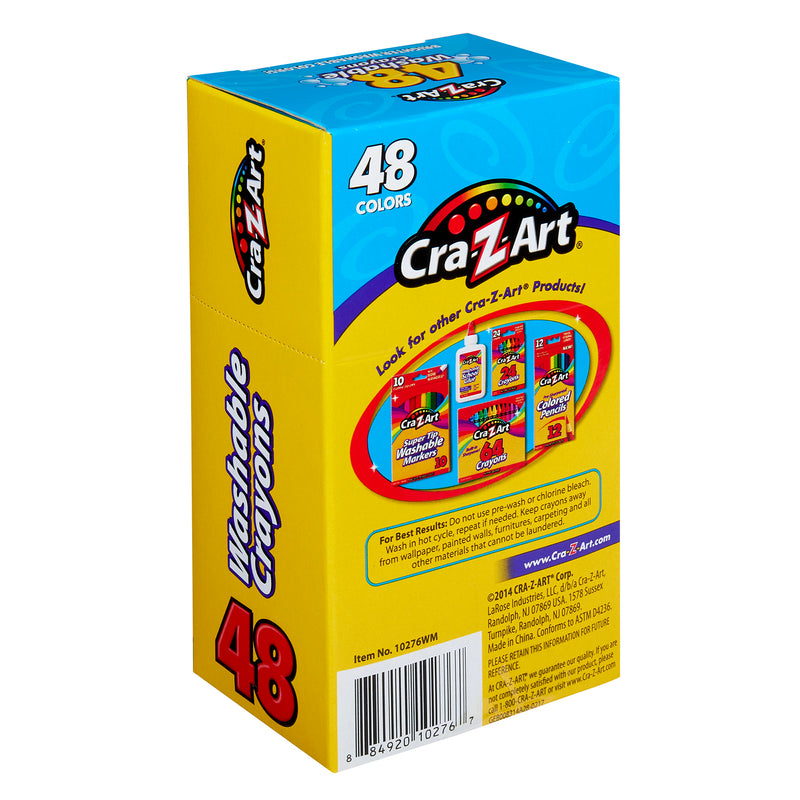 A box of Cra-Z-Art Washable Crayons 48 Count containing 48 colors. The box is blue and yellow with red text and images of other Cra-Z-Art products on the back.