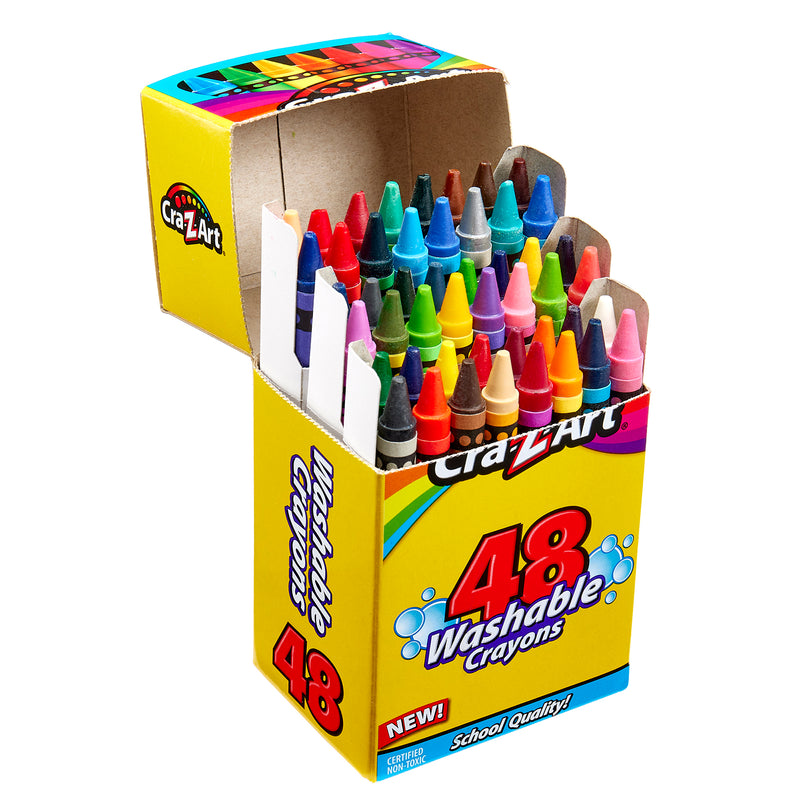 Open box of Cra-Z-Art Washable Crayons 48 Count, showcasing an array of colorful crayons neatly arranged inside the yellow packaging.